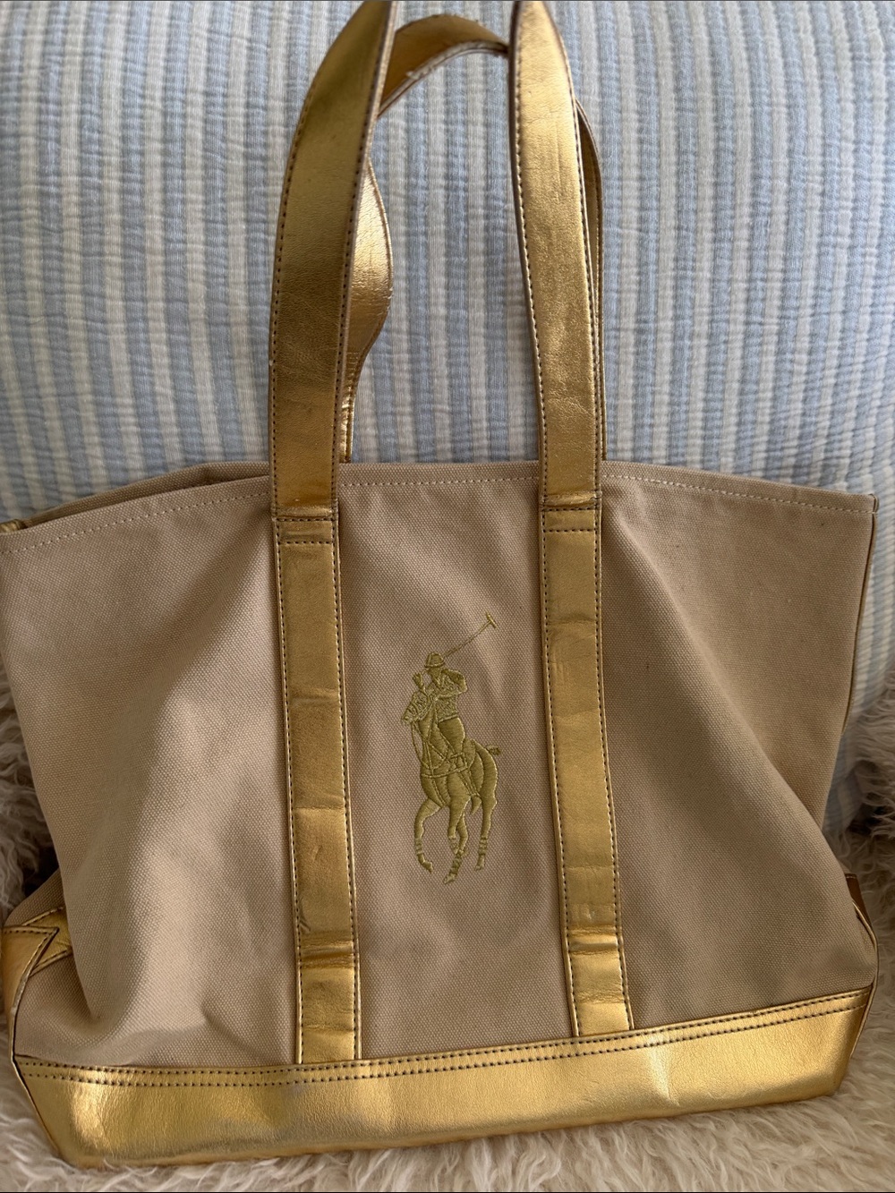 Ralph Lauren Tan Canvas Tote with Gold Metallic Trim and Polo Embroidery
